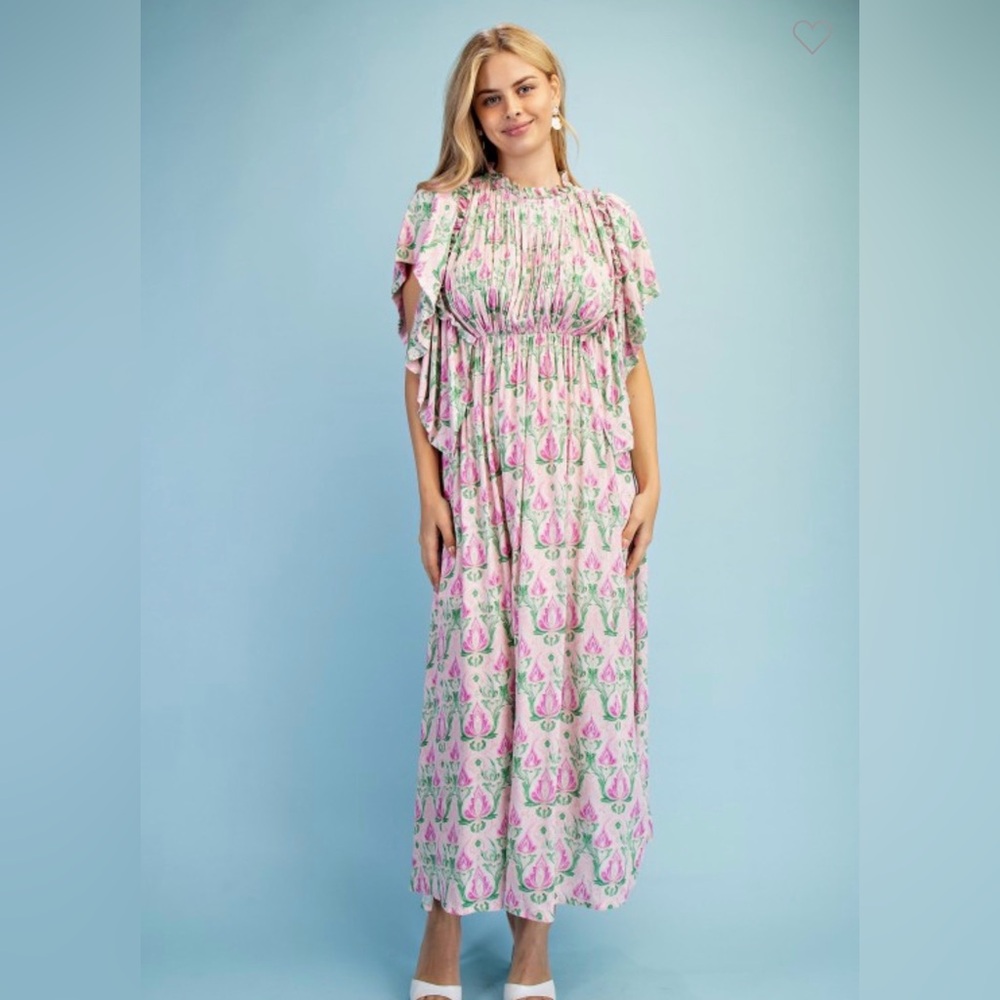 Floral Pink & Green Maxi Dress - Smocked Waist - Picture 3 of 3